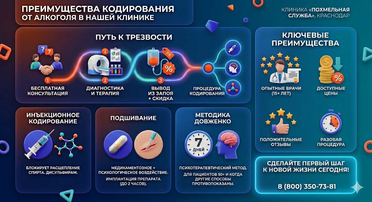 Инфографика о методах кодирования от алкоголя в Бологом: инъекции, подшивание, метод Довженко. Преимущества клиники и этапы лечения.